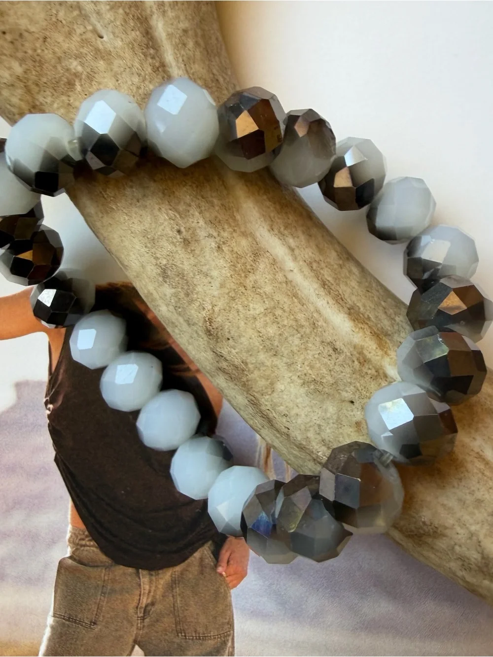 Gunmetal & Frosted Grey Faceted Crystal Bead Stretch Bracelet